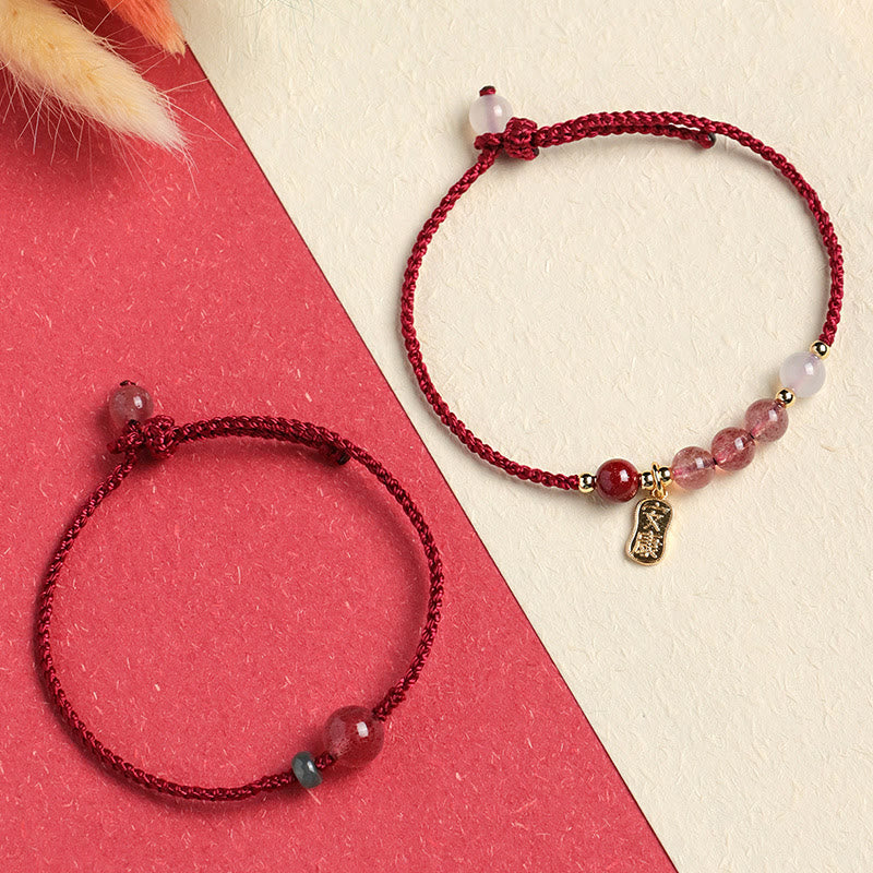 Bracelet porte-bonheur en pierres naturelles de Bouddha, quartz fraise, jade, agate blanche, fil rouge