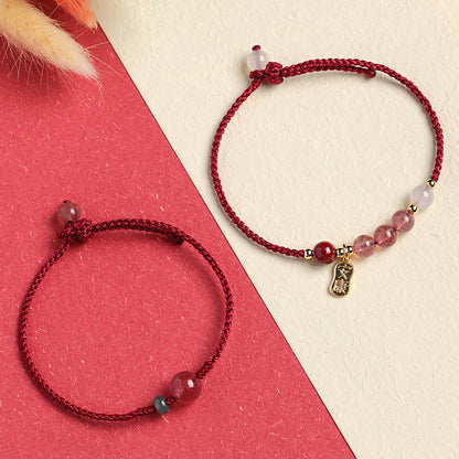 Bracelet porte-bonheur en pierres naturelles de Bouddha, quartz fraise, jade, agate blanche, fil rouge