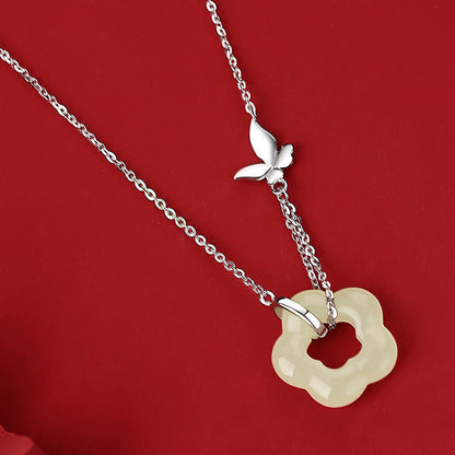 Collier avec pendentif en argent sterling 925 et jade Hetian, motif papillon et fleur de bénédiction, pierres de Bouddha