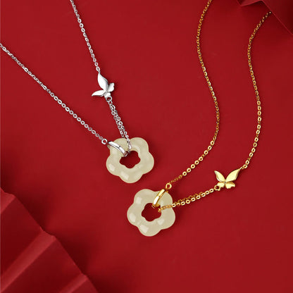 Collier avec pendentif en argent sterling 925 et jade Hetian, motif papillon et fleur de bénédiction, pierres de Bouddha