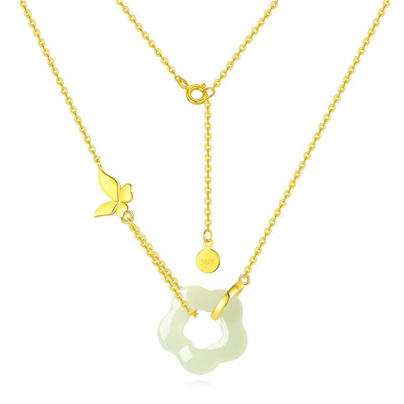 Collier avec pendentif en argent sterling 925 et jade Hetian, motif papillon et fleur de bénédiction, pierres de Bouddha
