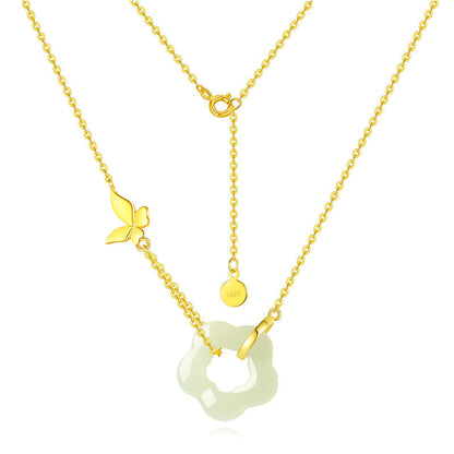Collier avec pendentif en argent sterling 925 et jade Hetian, motif papillon et fleur de bénédiction, pierres de Bouddha