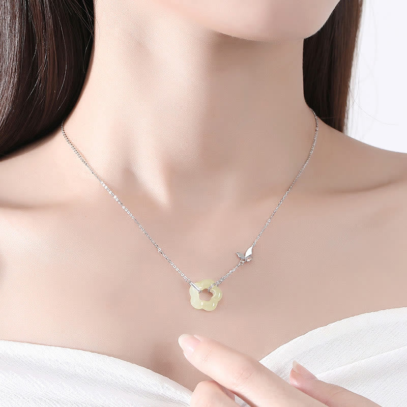 Collier avec pendentif en argent sterling 925 et jade Hetian, motif papillon et fleur de bénédiction, pierres de Bouddha