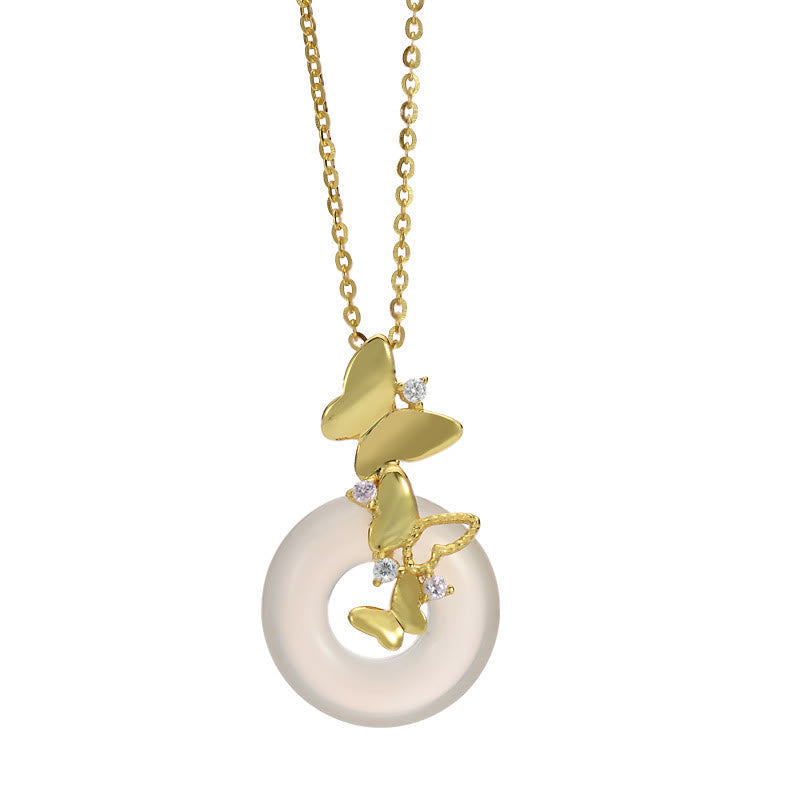 Collier avec pendentif en argent sterling 925 et pierre de Bouddha, motif papillon, calcédoine, paix, bénédiction, chance