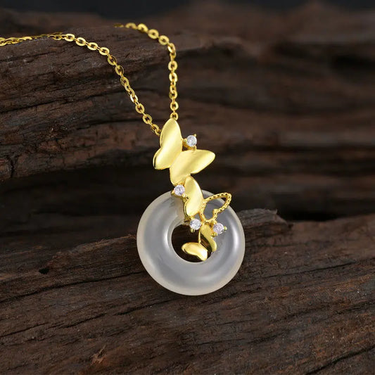 Buddha Stones 925 Sterling Silver Butterfly Chalcedony Peace Buckle Blessing Luck Necklace Pendant BS