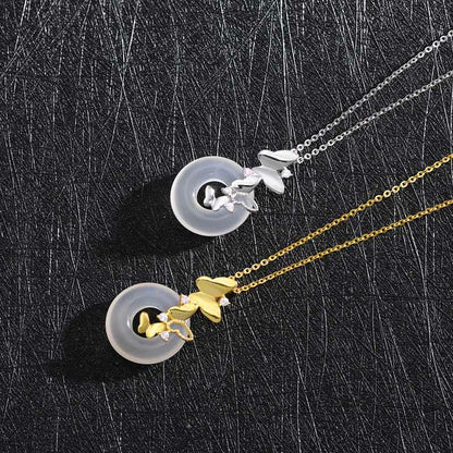Collier avec pendentif en argent sterling 925 et pierre de Bouddha, motif papillon, calcédoine, paix, bénédiction, chance