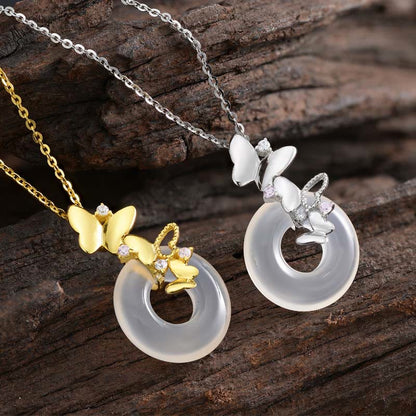 Collier avec pendentif en argent sterling 925 et pierre de Bouddha, motif papillon, calcédoine, paix, bénédiction, chance