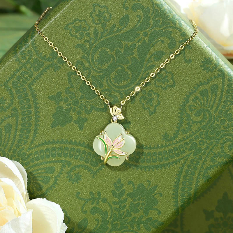 Boucles d'oreilles et collier avec pendentif en argent sterling 925, motif papillon magnolia et jade Hetian, trèfle à quatre feuilles