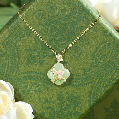 Boucles d'oreilles et collier avec pendentif en argent sterling 925, motif papillon magnolia et jade Hetian, trèfle à quatre feuilles