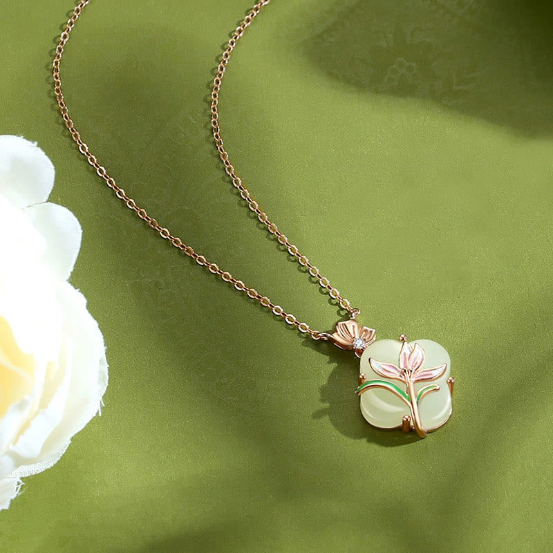 Boucles d'oreilles et collier avec pendentif en argent sterling 925, motif papillon magnolia et jade Hetian, trèfle à quatre feuilles
