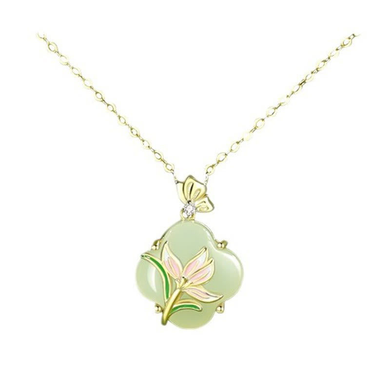 Boucles d'oreilles et collier avec pendentif en argent sterling 925, motif papillon magnolia et jade Hetian, trèfle à quatre feuilles