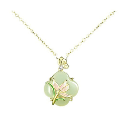 Boucles d'oreilles et collier avec pendentif en argent sterling 925, motif papillon magnolia et jade Hetian, trèfle à quatre feuilles