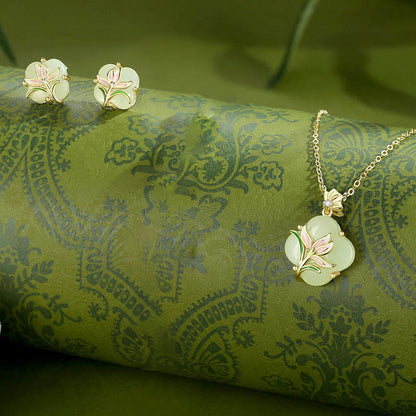 Boucles d'oreilles et collier avec pendentif en argent sterling 925, motif papillon magnolia et jade Hetian, trèfle à quatre feuilles