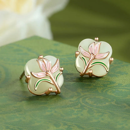 Boucles d'oreilles et collier avec pendentif en argent sterling 925, motif papillon magnolia et jade Hetian, trèfle à quatre feuilles