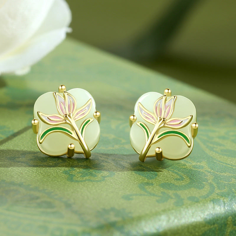 Boucles d'oreilles et collier avec pendentif en argent sterling 925, motif papillon magnolia et jade Hetian, trèfle à quatre feuilles
