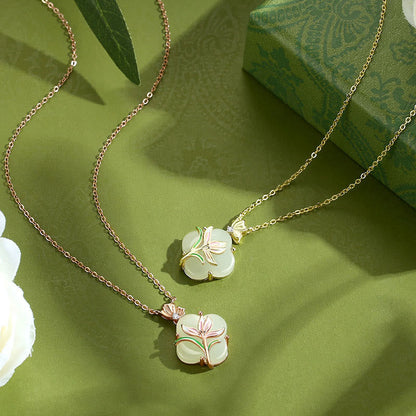 Boucles d'oreilles et collier avec pendentif en argent sterling 925, motif papillon magnolia et jade Hetian, trèfle à quatre feuilles