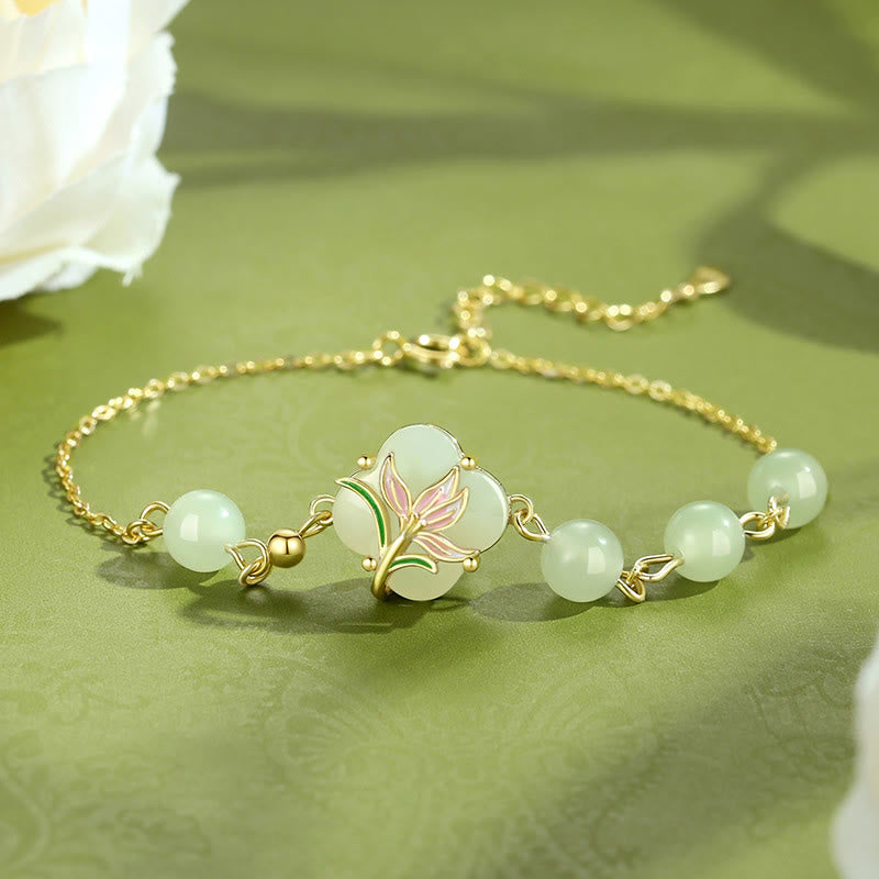 Bracelet de bénédiction en argent sterling 925 avec perles de jade Hetian et trèfle à quatre feuilles, pierres de Bouddha 