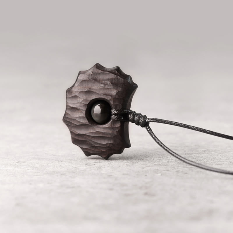 Collier pendentif en obsidienne et bois d'ébène de forme irrégulière, pierres de Bouddha, paix et calme 