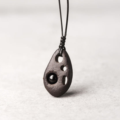 Collier pendentif en obsidienne creuse incrustée de pierres de Bouddha, bois d'ébène, paix et calme 