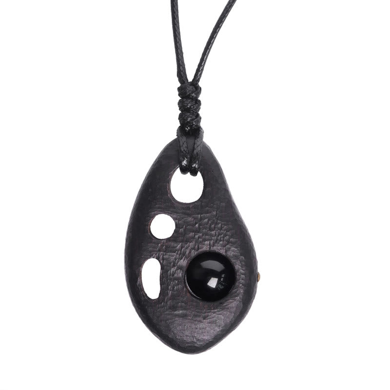 Collier pendentif en obsidienne creuse incrustée de pierres de Bouddha, bois d'ébène, paix et calme 