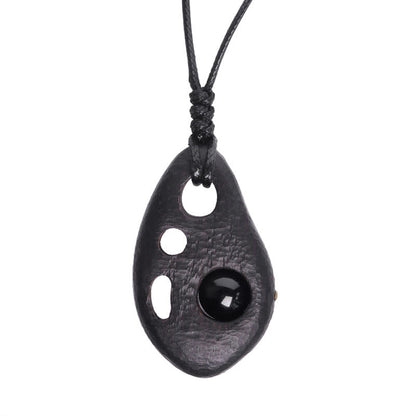Collier pendentif en obsidienne creuse incrustée de pierres de Bouddha, bois d'ébène, paix et calme 