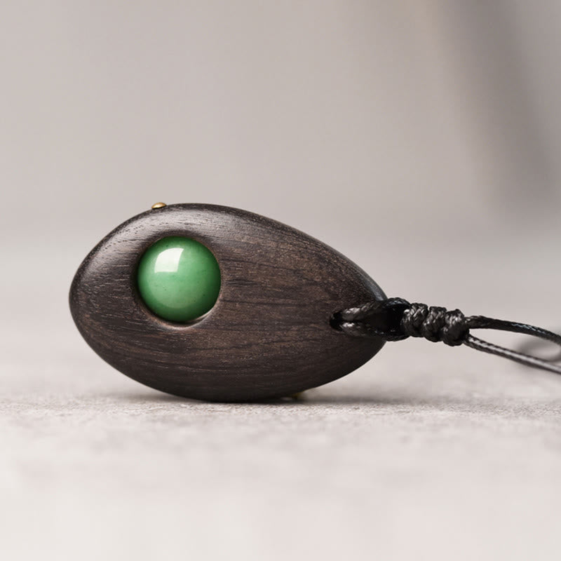 Collier pendentif en aventurine verte et bois d'ébène avec pierres de Bouddha, paix et calme 