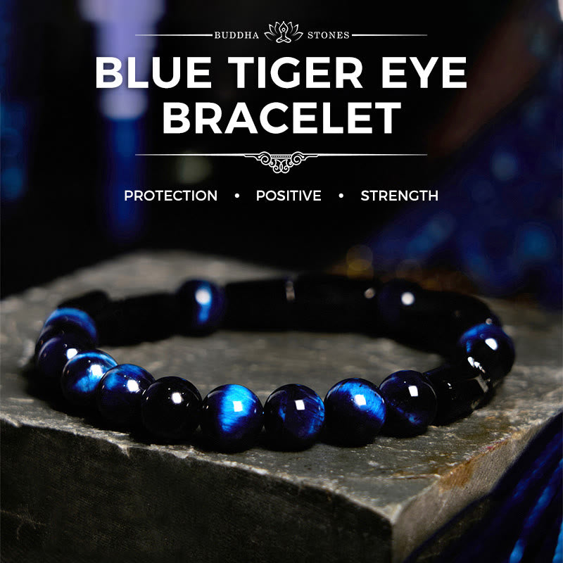 Bracelet de force en pierre de Bouddha, œil de tigre bleu et tourmaline noire 