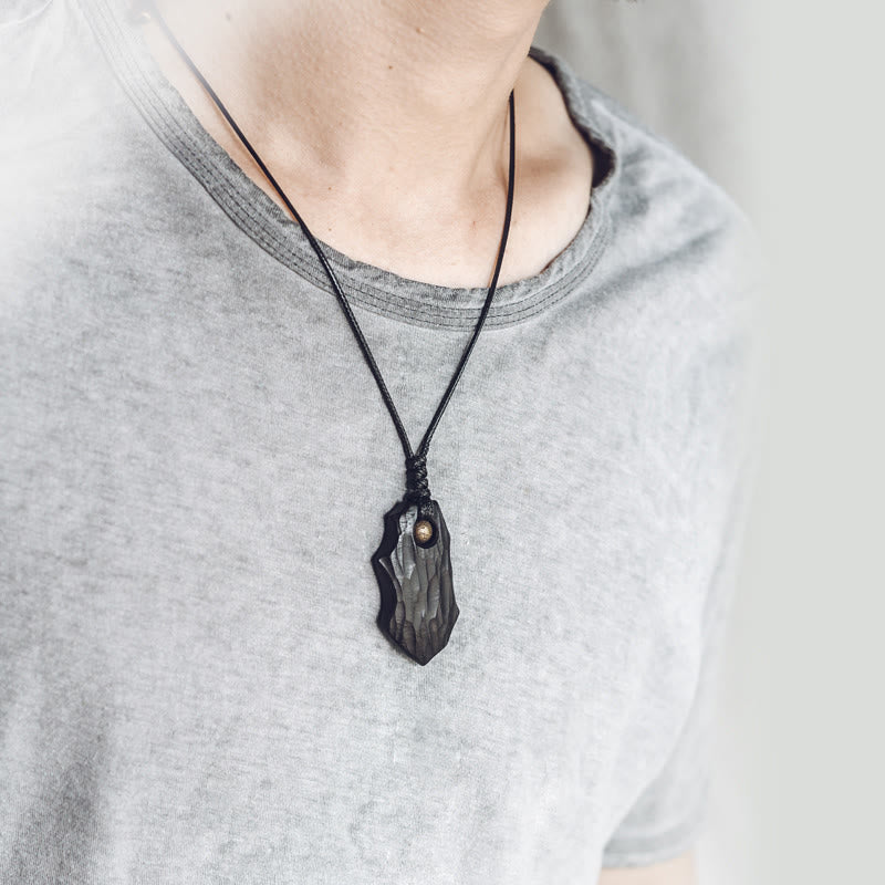 Buddha Stones Ebony Wood Obsidian Irregular Shape Copper Bead Peace Calm Necklace Pendant