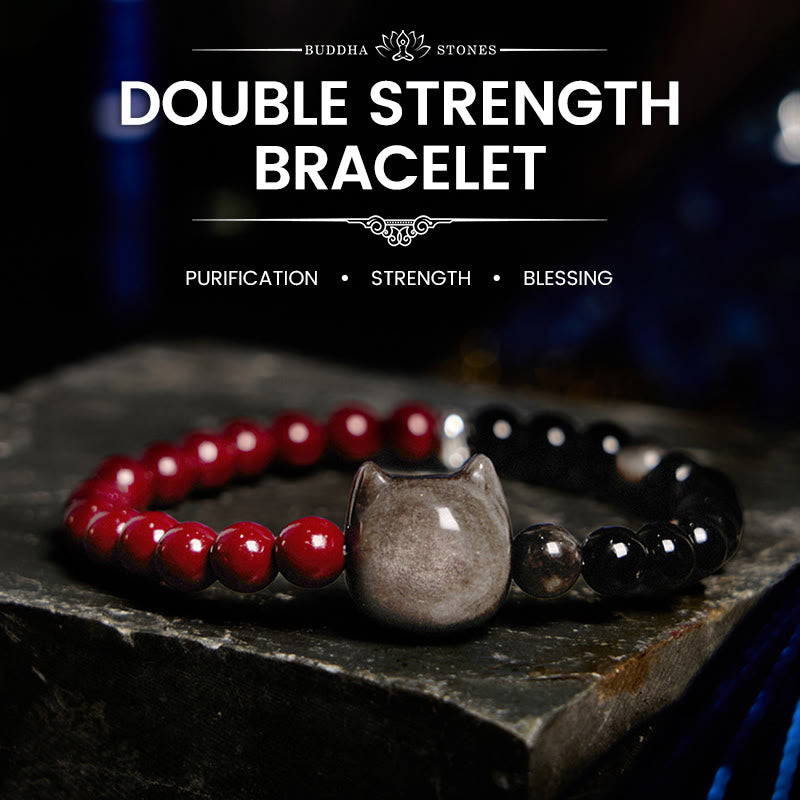 Bracelet chat en obsidienne noire et cinabre argentée et brillante 