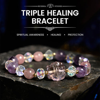 Bracelet renard à neuf queues en cristal blanc et améthyste et quartz fraise soulage le stress 