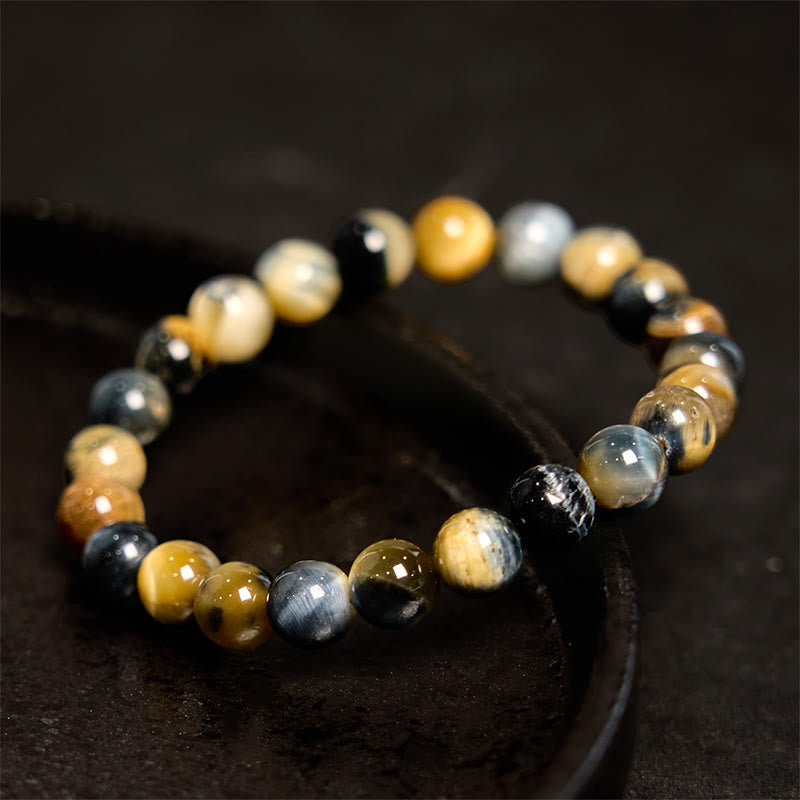 Bracelet Courage en Pierres de Bouddha Jaune Bleu Œil de Tigre 