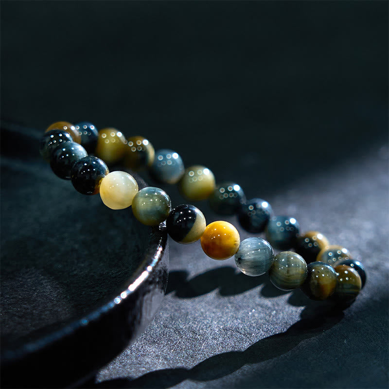 Bracelet Courage en Pierres de Bouddha Jaune Bleu Œil de Tigre 
