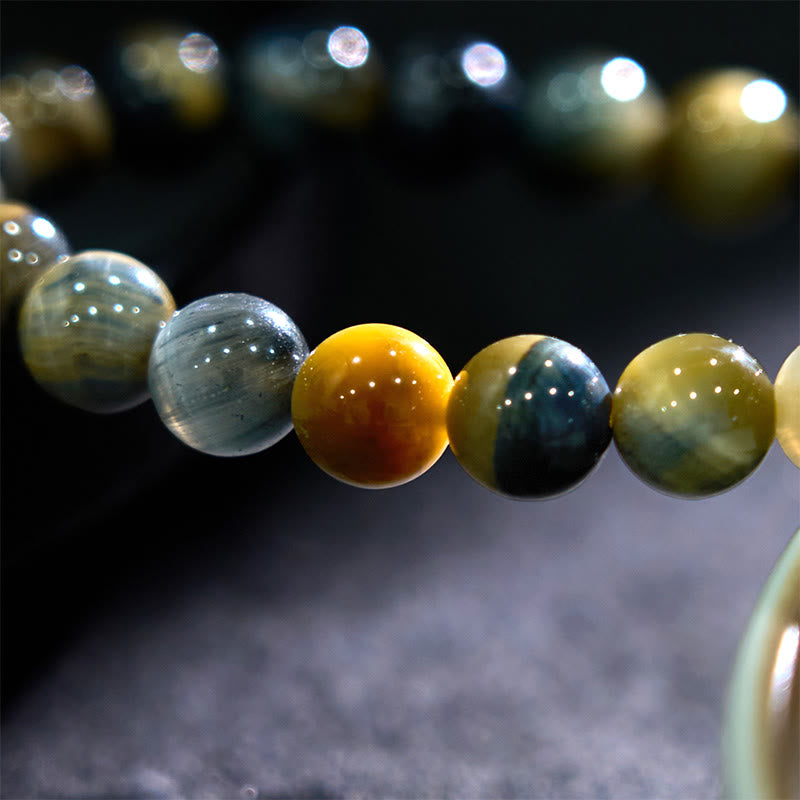 Bracelet Courage en Pierres de Bouddha Jaune Bleu Œil de Tigre 