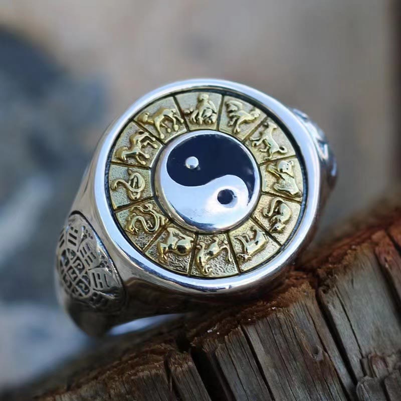 Bague ajustable en cuivre avec symbole du zodiaque chinois Yin Yang et harmonie 