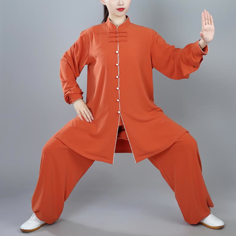 Buddha Stones 2Pcs Fall Solid Color Frog-Button Tai Chi Meditation Qigong Zen Practice Unisex Cotton Clothing Set