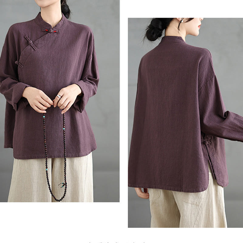 Buddha Stones Solid Color Frog-Button Long Sleeve Women's Shirt