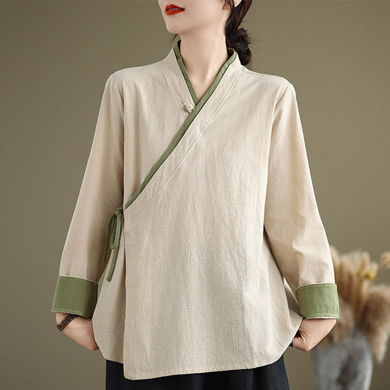 Buddha Stones Fall Solid Color Hanfu Long Sleeve Lace Up Women's Shirt