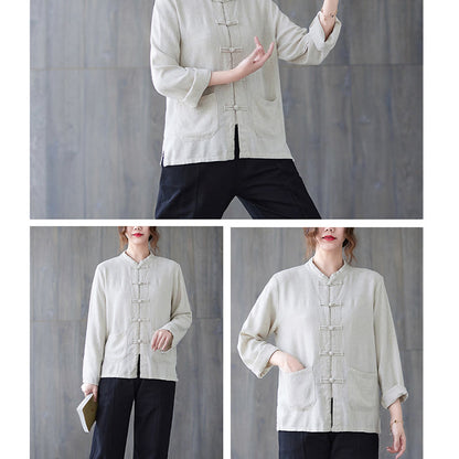 Chemise à manches longues et boutons grenouille pour femme Buddha Stones, pantalon large, vêtement de méditation en coton 