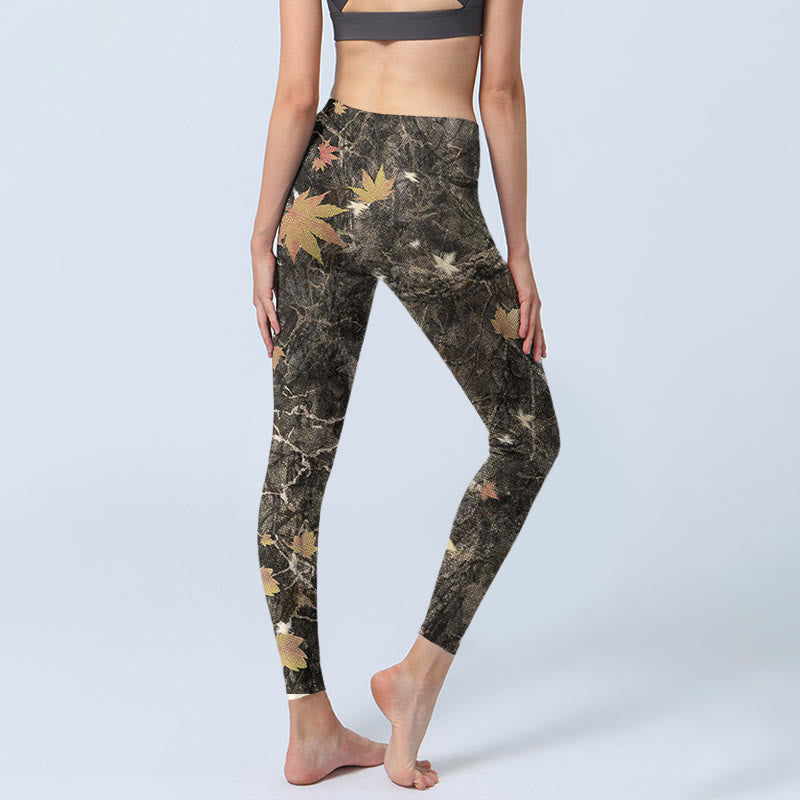 Buddha Stones Maple Leaves Print Gym Leggings Women's Yoga Pants