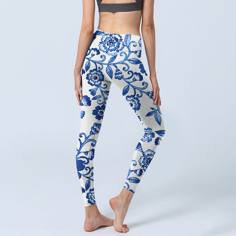 Buddha Stones Blue Flowers Leaves Branches Print Gym Leggings Women's Yoga Pants