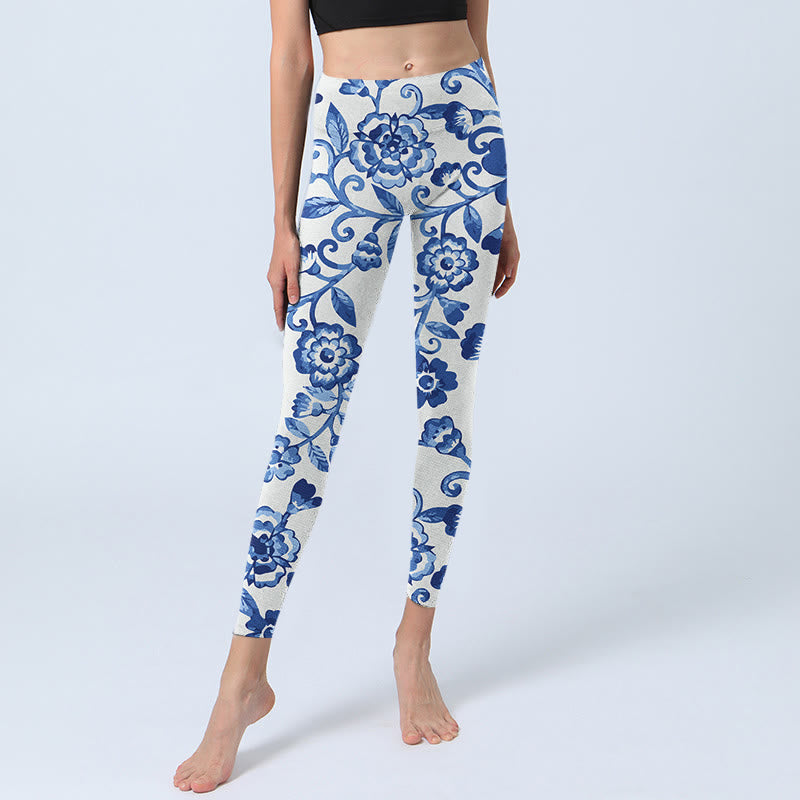 Buddha Stones Blue Flowers Leaves Branches Print Gym Leggings Women's Yoga Pants