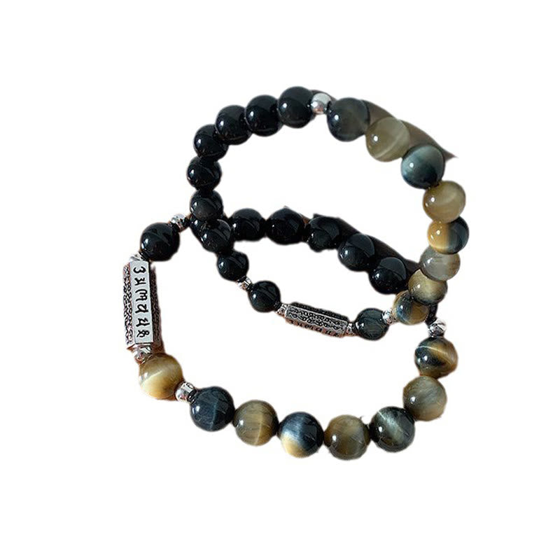 Bracelet en obsidienne noire naturelle et œil de tigre avec six mots authentiques « om mani padme hum » et force et amour 