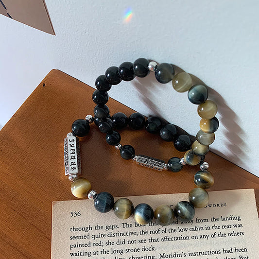 Bracelet en obsidienne noire naturelle et œil de tigre avec six mots authentiques « om mani padme hum » et force et amour 