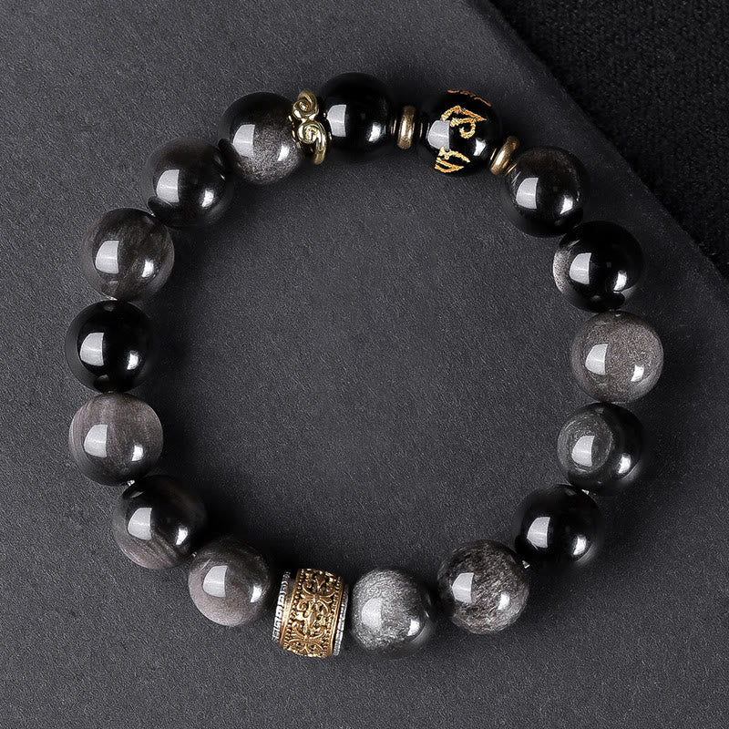 Bracelet de force en obsidienne naturelle argentée et œil de tigre avec six mots authentiques « om mani padme hum » 