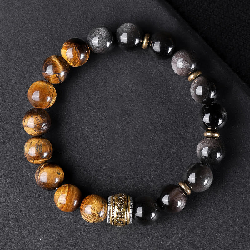 Bracelet de force en obsidienne naturelle argentée et œil de tigre avec six mots authentiques « om mani padme hum » 