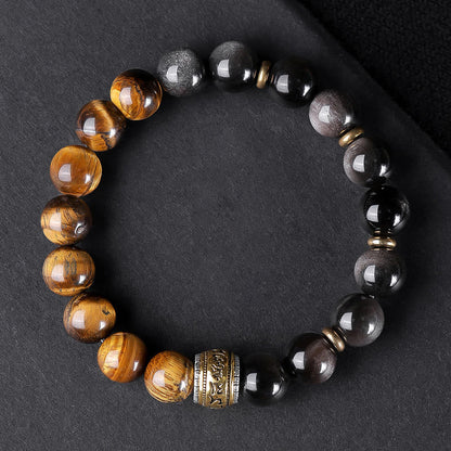 Bracelet de force en obsidienne naturelle argentée et œil de tigre avec six mots authentiques « om mani padme hum » 