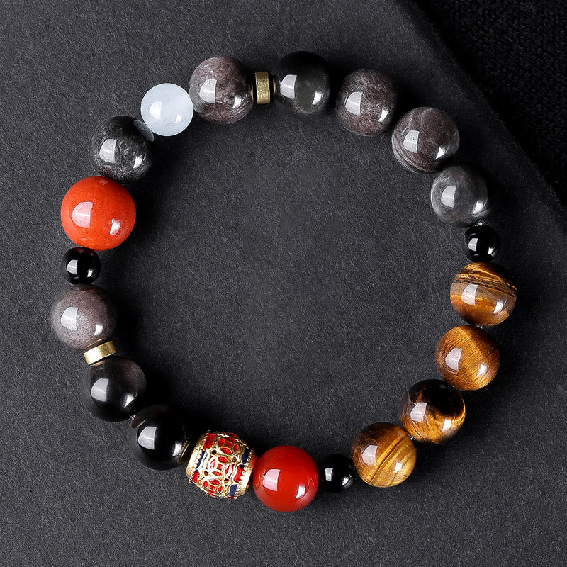 Bracelet de force en obsidienne naturelle argentée et œil de tigre avec six mots authentiques « om mani padme hum » 