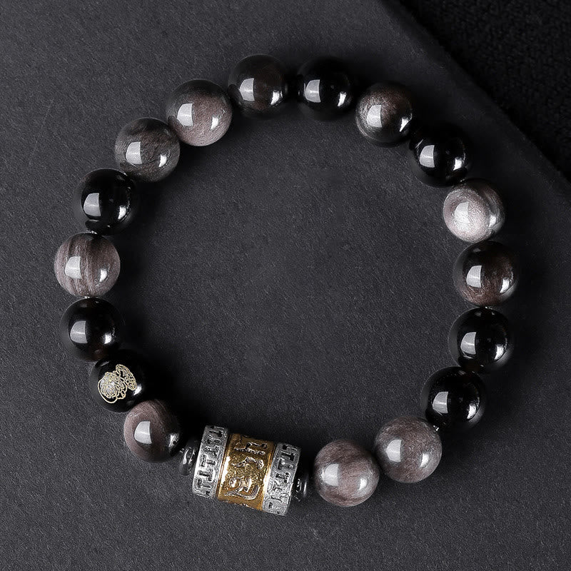Bracelet de force en obsidienne naturelle argentée et œil de tigre avec six mots authentiques « om mani padme hum » 