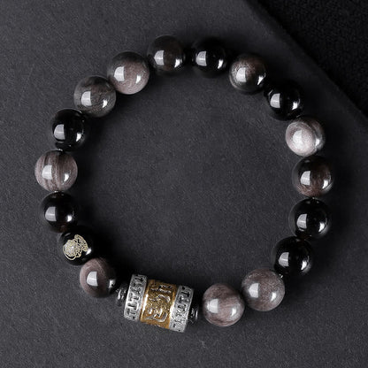 Bracelet de force en obsidienne naturelle argentée et œil de tigre avec six mots authentiques « om mani padme hum » 