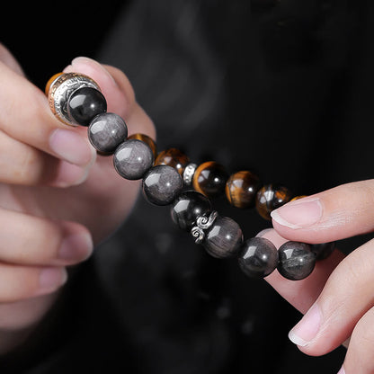 Bracelet de force en obsidienne naturelle argentée et œil de tigre avec six mots authentiques « om mani padme hum » 